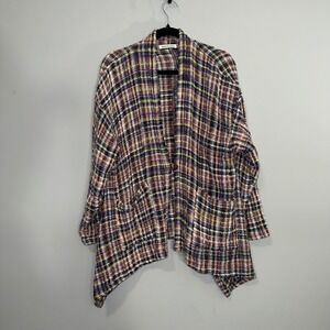 Yasuko Kurisaka Woven‎ Plaid Open Front Cardigan Jacket Multi Color Size M